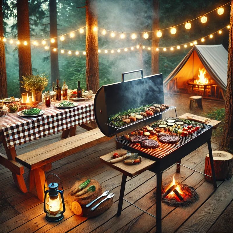 A cozy outdoor camping barbecue area set in a forest, 캠핑장 바베큐