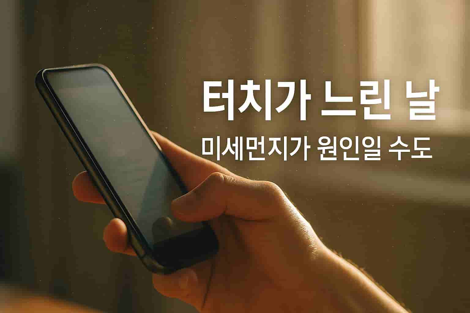 초미세먼지로 덮힌 스마트폰을 터치하는 장면