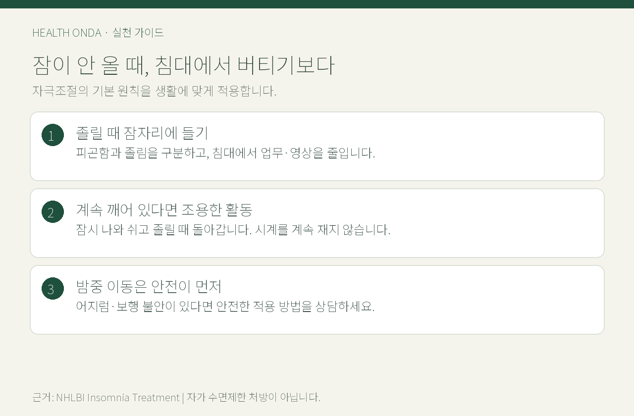 졸릴 때 눕기와 조용한 활동, 밤중 이동 안전을 정리한 자극조절 도표