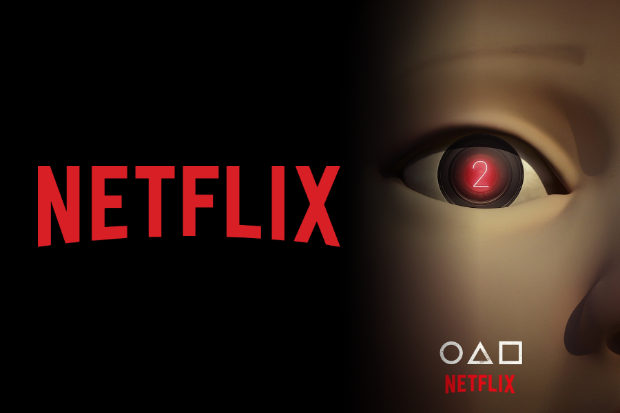 Eye-catching Netflix visual with Squid Game robot eye and Netflix logo, representing the 2025 streaming subscription landscape in South Korea.