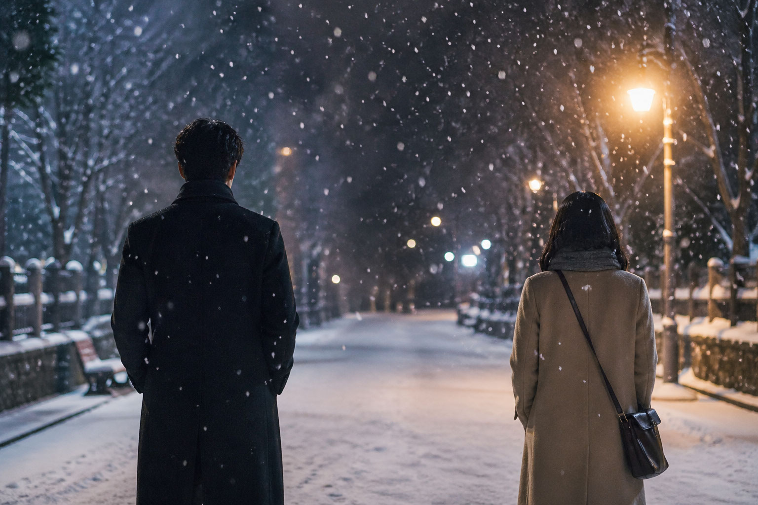 눈 내리는 밤거리에서 도깨비 감성의 분위기 속에 남자와 여자가 나란히 서 있는 뒷모습 이미지