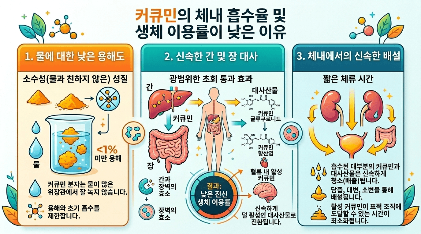 입자가 커서 장에서 잘 흡수되지 않고 배출되는 커큐민의 낮은 흡수율 원리