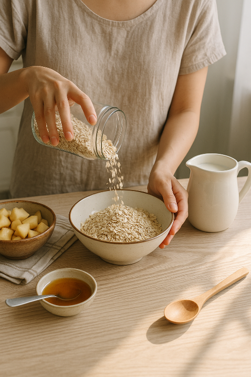 귀리(오트밀)로 아침을 준비하고 있는 모습