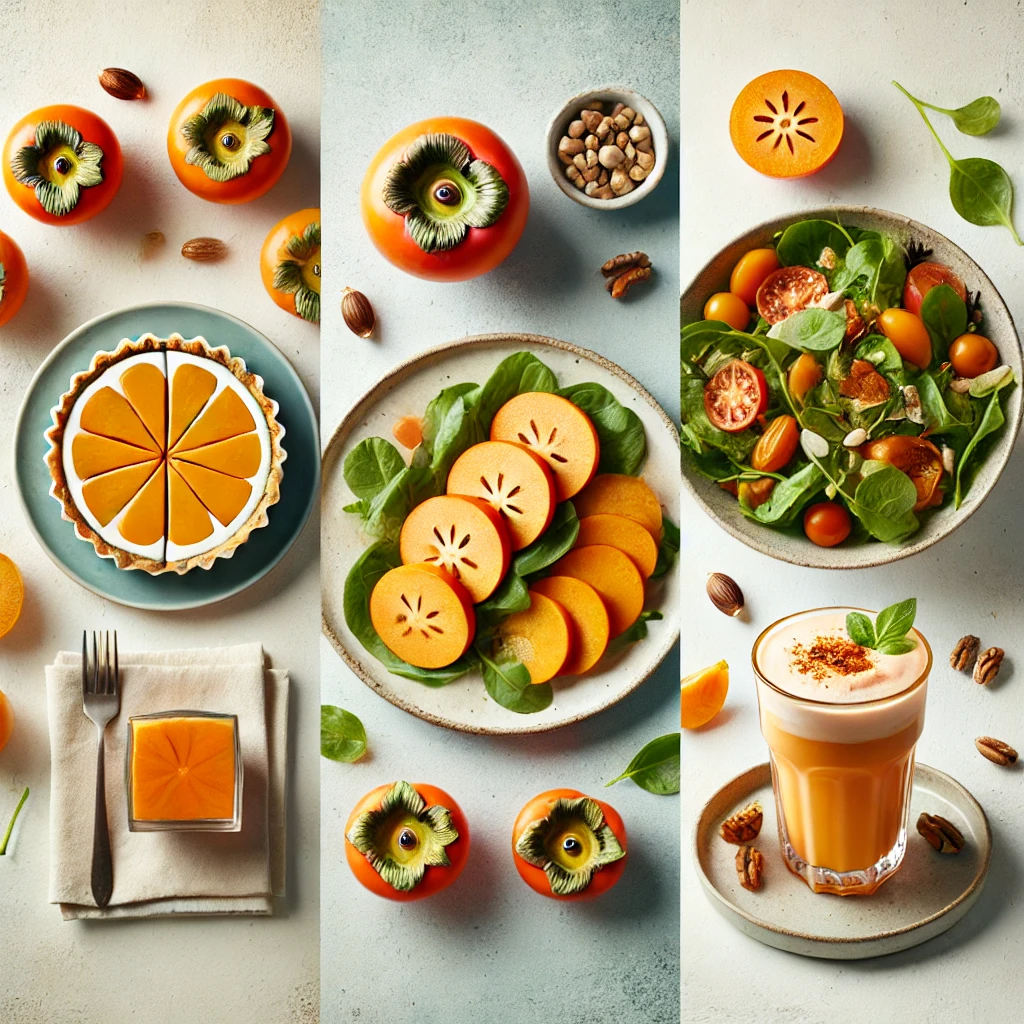 제철단감을 이용해 디저트 샐러드 음료등을 만드는 이미지