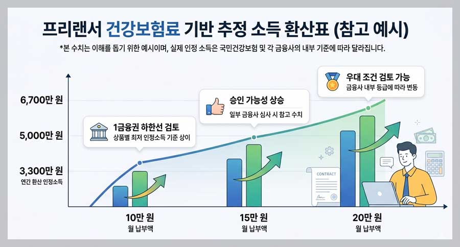프리랜서 대환대출 신청 전 건강보험료 납부액에 따른 예상 소득 환산 및 금융권 승인 가능성 참고 예시 그래프