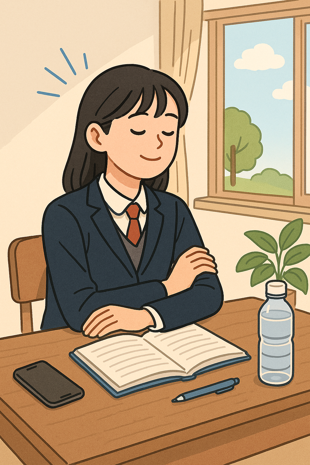창가에서 눈을 감고 휴식 중인 여고생 수험생