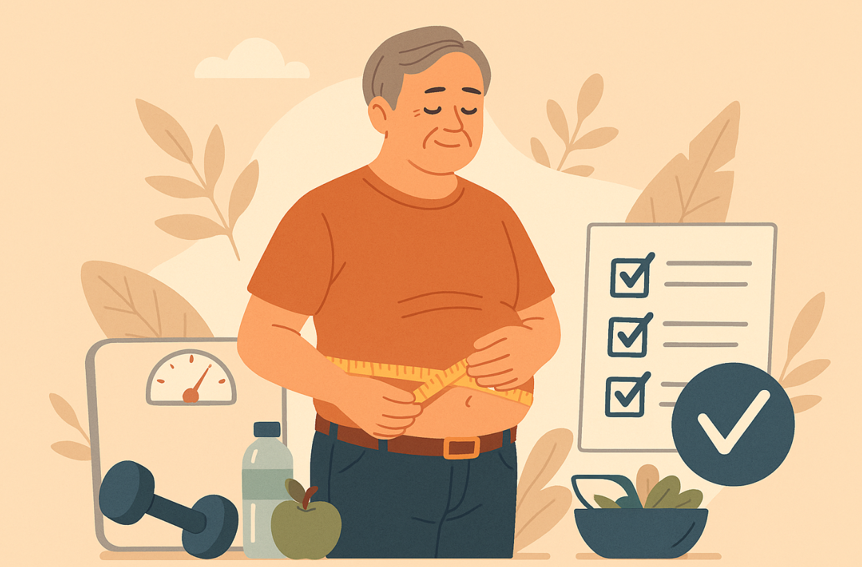 중년 남성의 복부비만 관리를 위한 식단,운동등의 일러스트
