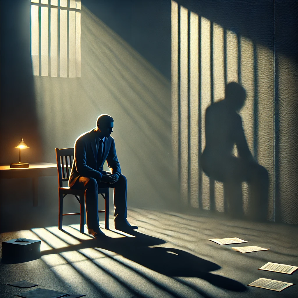 상속 결격의 이유로 재산을 잃은 인물이 혼자 남겨진 모습, 그림자가 길게 드리워진 장면