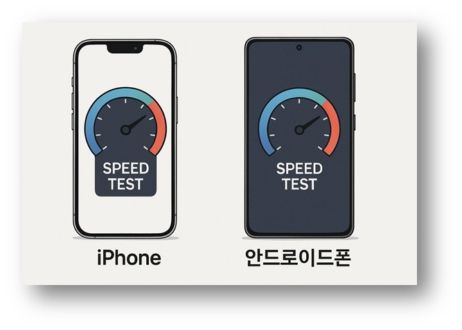 아이폰과 안드로이폰의 앱 실행 속도를 비교하는 모습