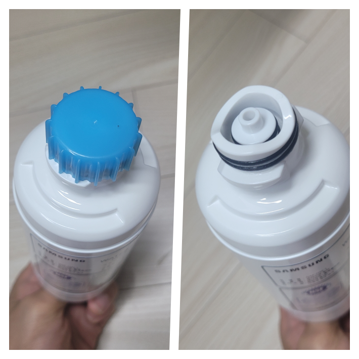 정수기 필터 뚜껑 열기 전(좌) 후(우)