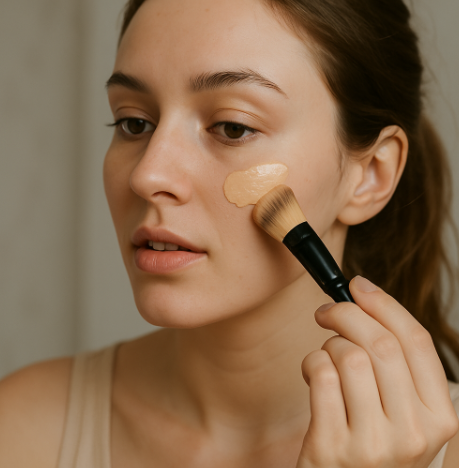 파운데이션을 바르고 있는 여성 사진