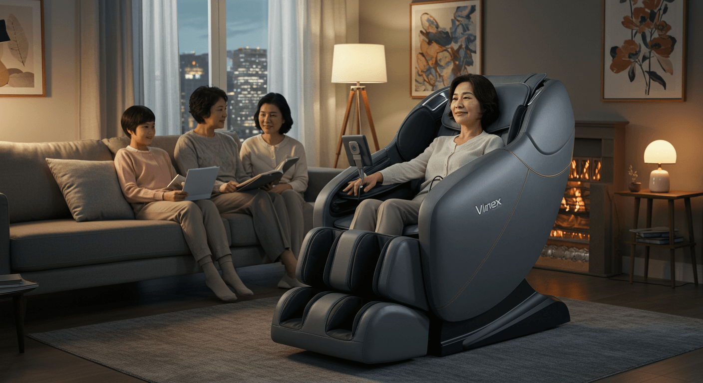 가족이 함께 거실에서 휴식을 즐기며 회색 안마의자가 중심이 되는 장면 2
