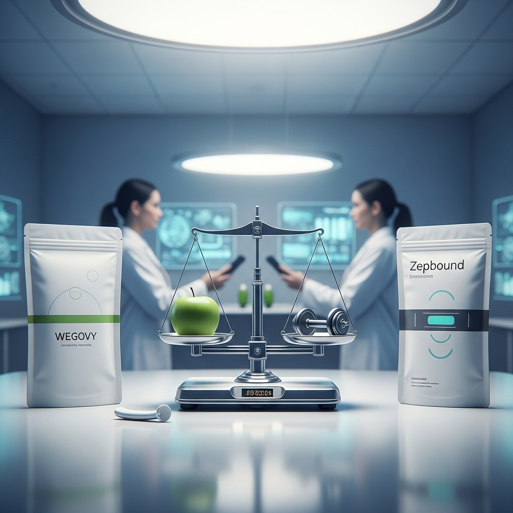 2025년 최신 비만 치료제 위고비와 젭바운드의 약물 패키지가 균형 저울 위에 놓인 사과와 아령과 함께 놓여있는 모습, 현대 의학 기술과 건강 관리를 상징함.