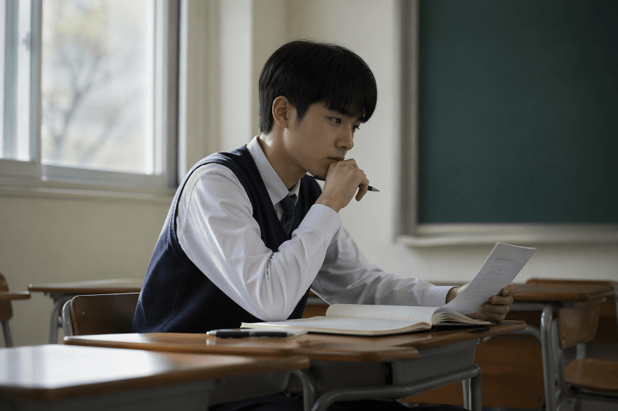 교실에서 열심히 공부하는 고등학생