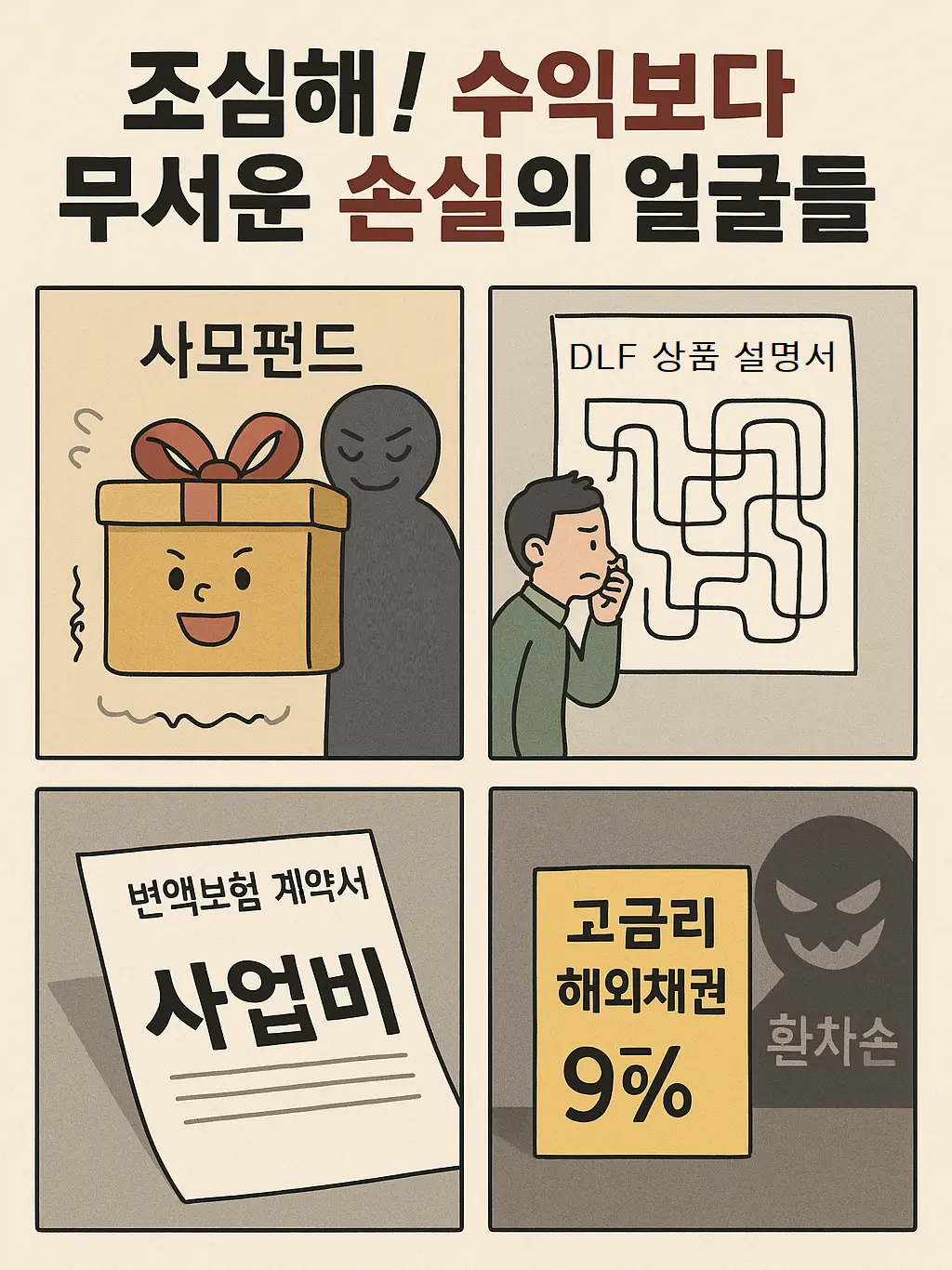 사모펀드, DLF, 변액보험, 고금리 해외채권 등 초보자가 빠지기 쉬운 금융상품의 위험 요소들을 시각화한 웹툰