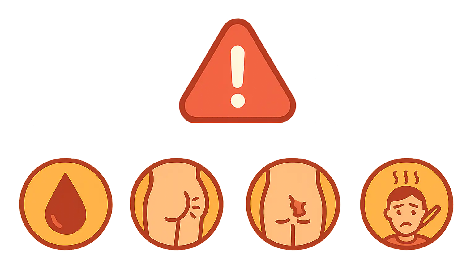 항문 통증과 함께 나타나는 위험 신호, 출혈, 종창, 피부 벗겨짐, 열감과 피로 아이콘