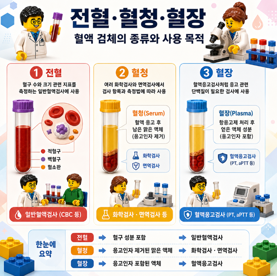 전혈, 혈청, 혈장의 차이와 각각의 검사 활용 목적을 비교한 레고 스타일 메디컬 인포그래픽