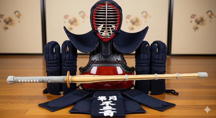 전문 검도 장비(죽도, 호구)가 가지런히 놓여 있는 모습
