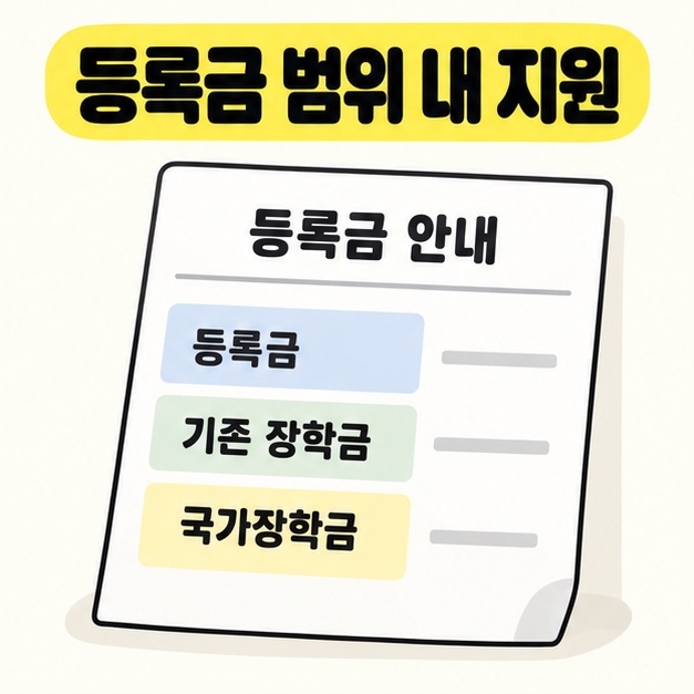 등록금 범위 내 지원이라는 제목 아래 등록금과 기존 장학금, 국가장학금 항목이 적힌 등록금 안내 종이