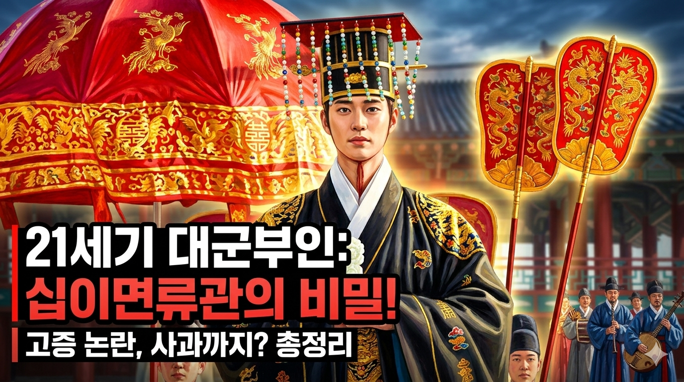 "MBC 드라마 21세기 대군부인의 이안대군(변우석)이 자주국 군주의 상징인 십이면류관을 착용한 가상 즉위식 장면과 십이면류관의 비밀 고증 논란 사과까지 총정리라는 붉고 흰 글씨의 유튜브 스타일 블로그 썸네일 타이틀 레이아웃"