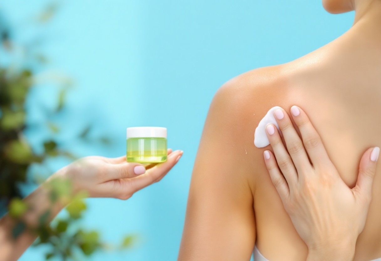 일광화상 부위에 알로에 젤을 바르고 피부를 진정시키는 모습