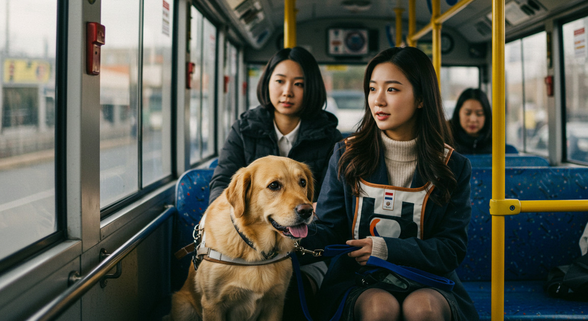 안내견과 함께 버스에 있는 시각장애우 이미지