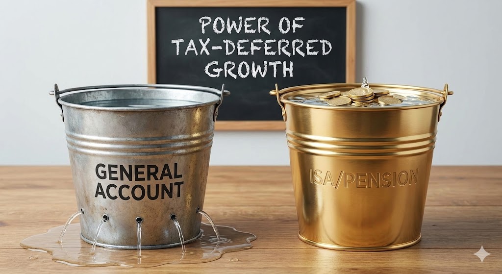 일반 계좌(세금으로 구멍 난 양동이)와 ISA/연금 계좌(꽉 찬 황금 양동이)에서 물(배당금)이 차오르는 속도를 비교한 인포그래픽