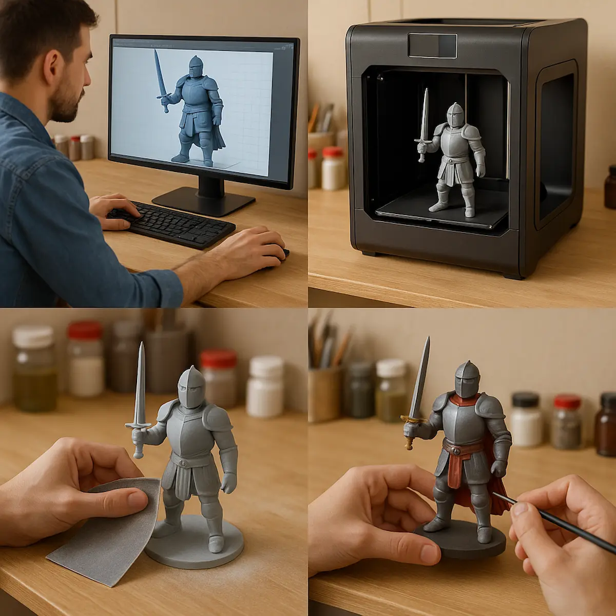 3D프린팅 피규어 제작의 전체 과정: 컴퓨터 모델링, 3D프린터 출력, 사포질 및 도색 등 후가공 작업이 한눈에 보이는 작업 공간