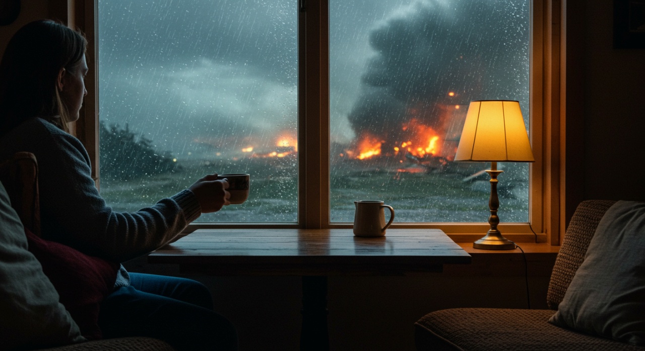 아늑한 실내에서 커피를 마시며 무표정하게 혼란스런 재난 상황의 바깥 세상을 바라보는 남자