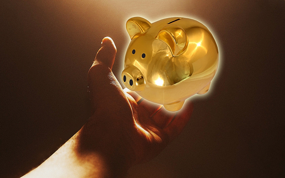 손으로 황금돼지 저금통을 잡는 이미지