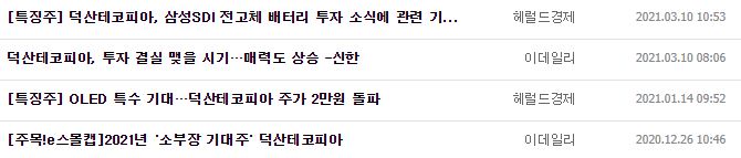 덕산테코피아 뉴스, 공시