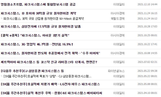 파크시스템스 뉴스, 공시