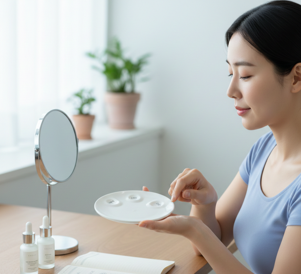 피부 컨디션을 체크하며 단계적으로 화장품을 테스트하는 모습