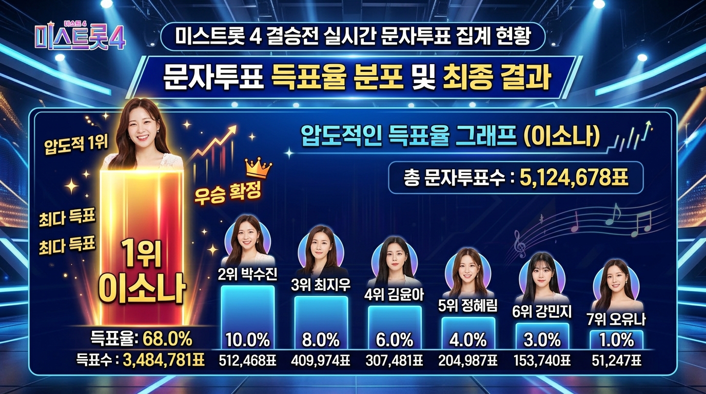 미스트롯4 결승전 문자 투표 결과 분포도와 이소나의 압도적 득표율 그래프
