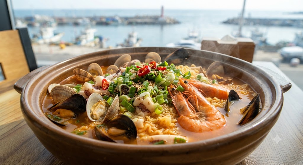 A hearty seafood ramyeon overflowing with ocean aromas. Served in a wide traditional earthenware pot (ttukbaegi) larger than standard bowls, it is packed with shell-on mussels, Manila clams, plump shrimp, and tender squid. The broth looks exceptionally clear and refreshing thanks to the seafood, topped with red chili slices and green onions for an extra kick. The background subtly hints at Korea's scenic coastal landscape, evoking a true travel atmosphere.