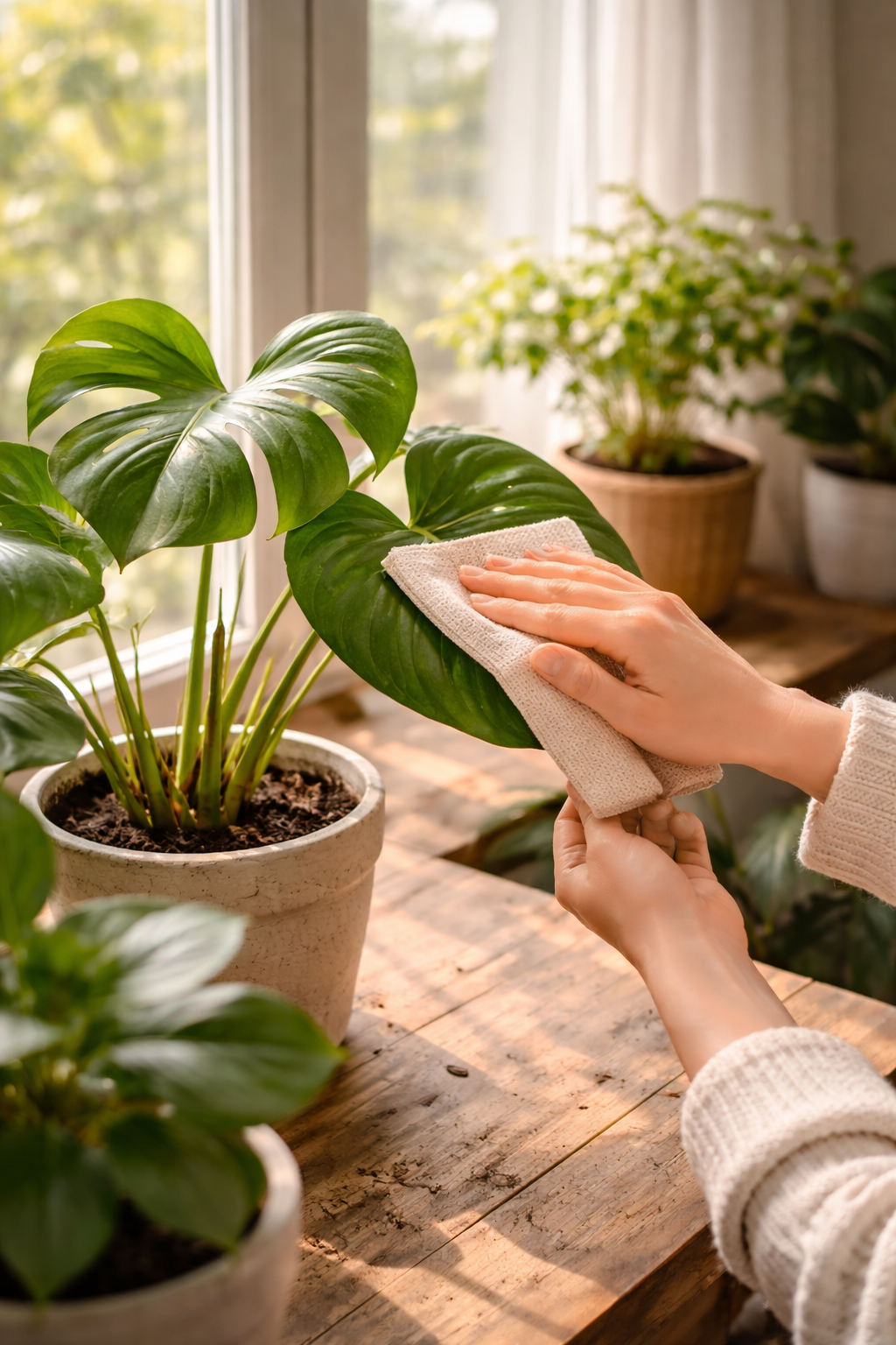 잎을 닦고 있는 사진
