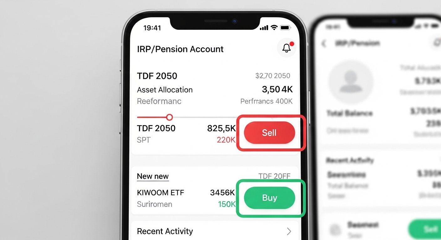 스마트폰 IRP/연금저축 계좌에서 'TDF'는 매도(-)하고, 'KIWOOM 비중전환 ETF'를 매수(+)하는 리밸런싱 화면