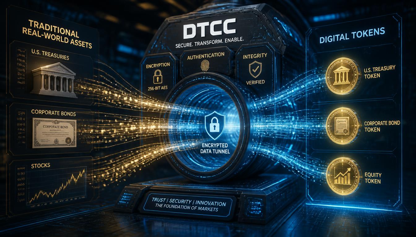 Digital representation of traditional financial securities like US Treasuries transforming into secure digital tokens through DTCC tokenization infrastructure.