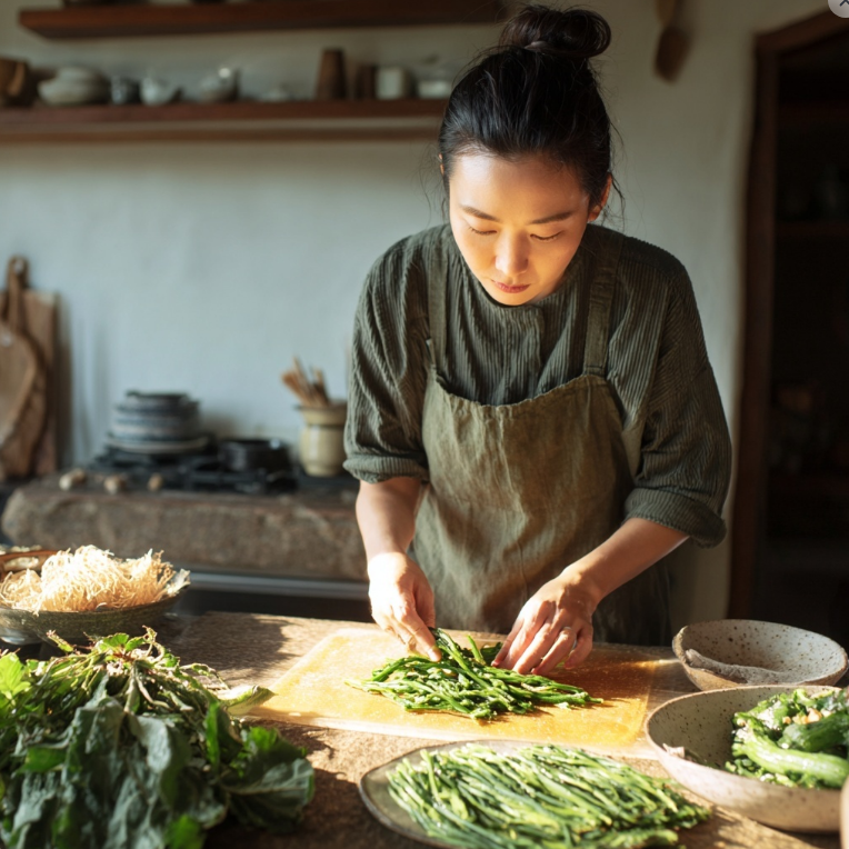 부엌에서 봄나물 다듬는 모습