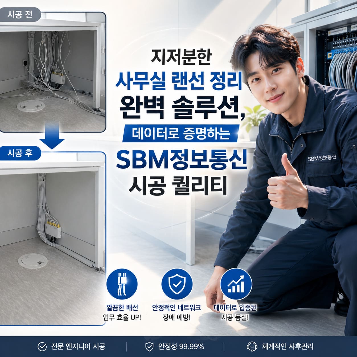 지저분한 사무실 랜선 정리 완벽 솔루션, 데이터로 증명하는 SBM정보통신 시공 퀄리티