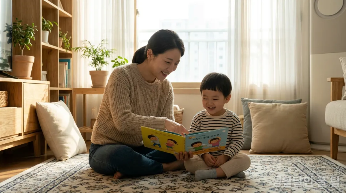 엄마와 아이가 함께 운동 책을 보며 즐거워하는 모습