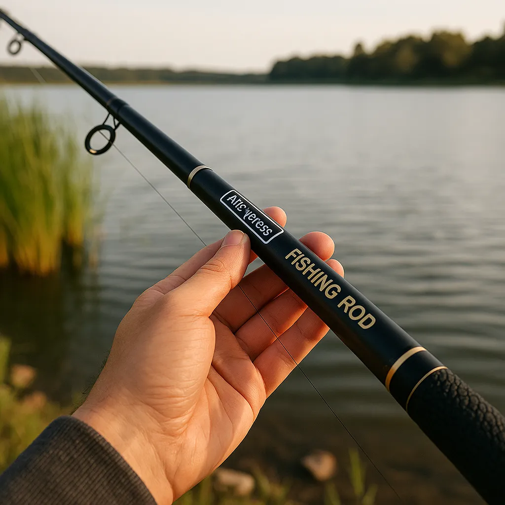 민물 낚시터에서 알리 낚시대를 손에 쥔 모습