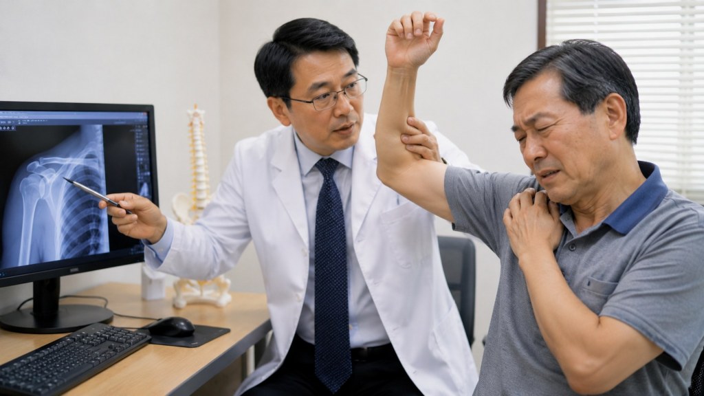 어깨 아파서 팔이 안 올라감 의사 선생님 직접 올려보는 모습