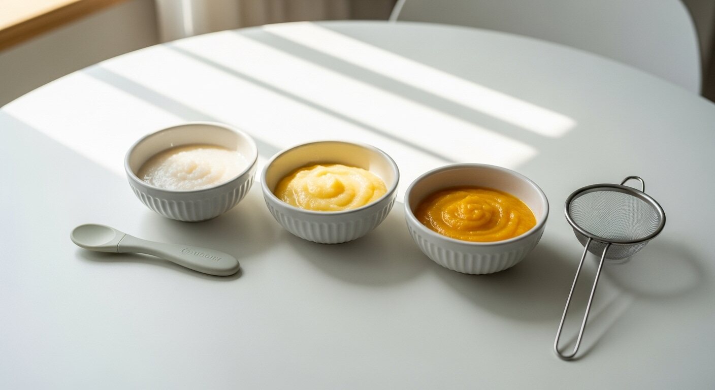 화이트 톤의 깔끔한 식탁 위에 세 가지 초기 이유식—매끄러운 쌀미음, 연한 노란빛의 감자미음, 달콤한 색감의 단호박미음—이 아기용 미니 그릇에 고르게 담겨 있고, 옆에는 부드러운 실리콘 스푼과 작은 체가 가지런히 놓인 장면. 부드러운 햇살이 조리대 위로 내려와 깨끗하고 편안한 이유식 준비 분위기를 연출하는 사진