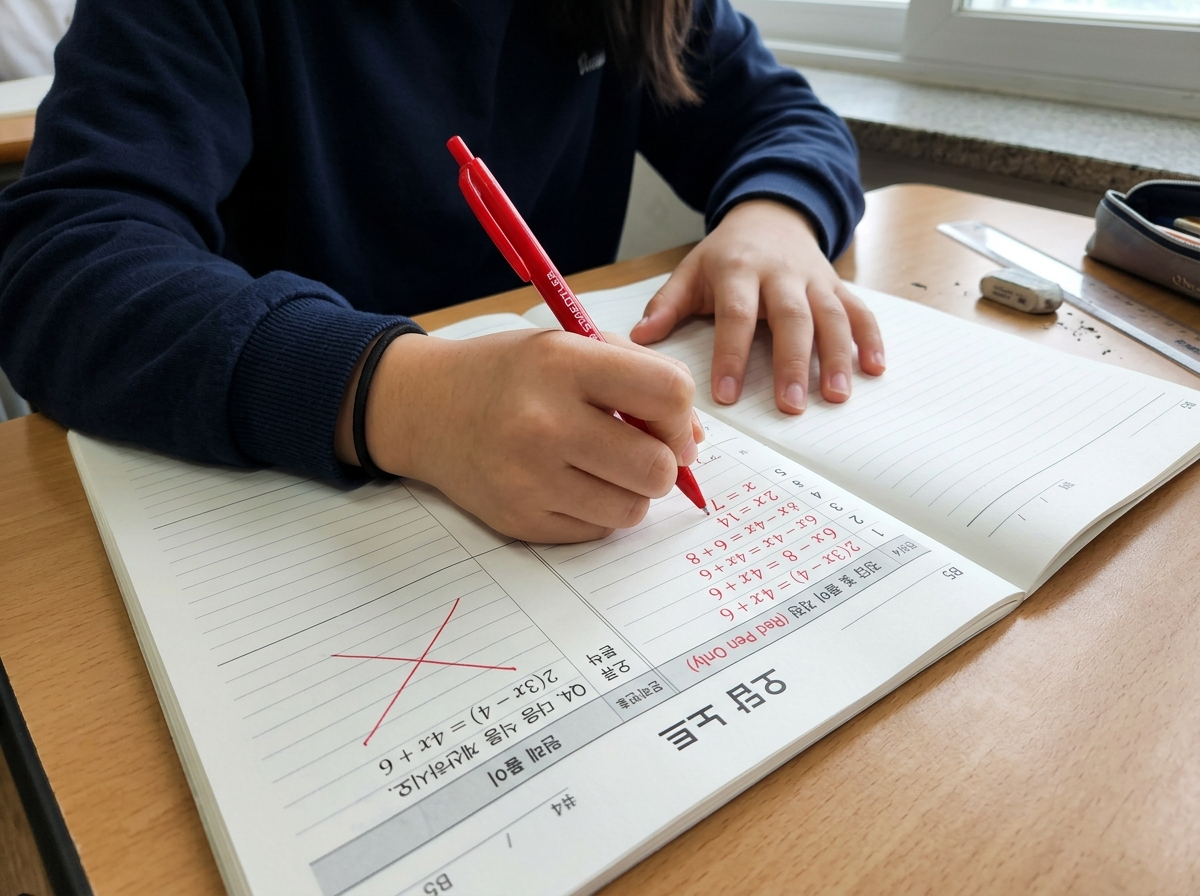 학생이 수학 오답 노트를 정리하는 손