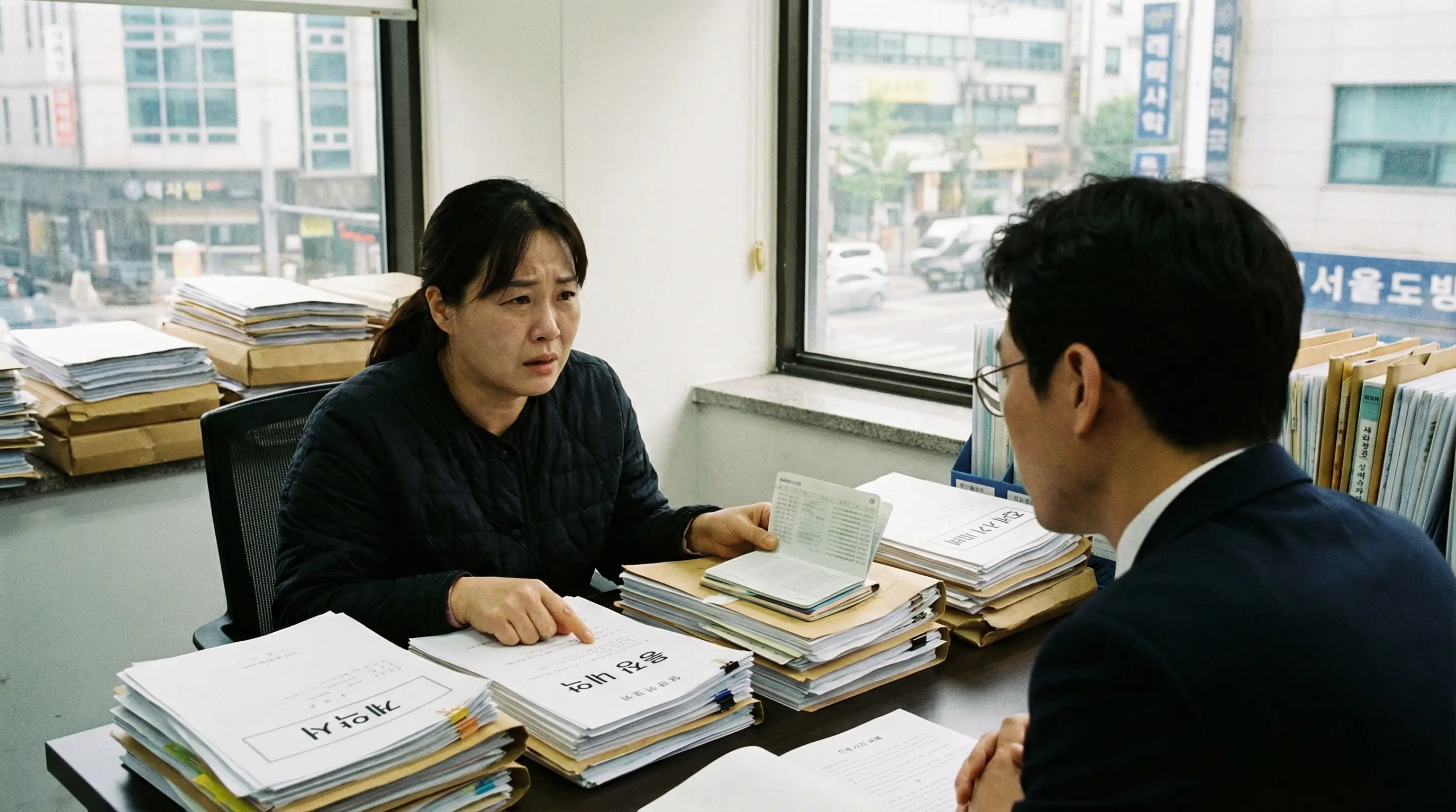 한국인 여성이 법률사무소에서 전세 사기 피해 관련 서류와 통장 내역을 변호사에게 보여주며 상담받는 심각한 표정의 장면