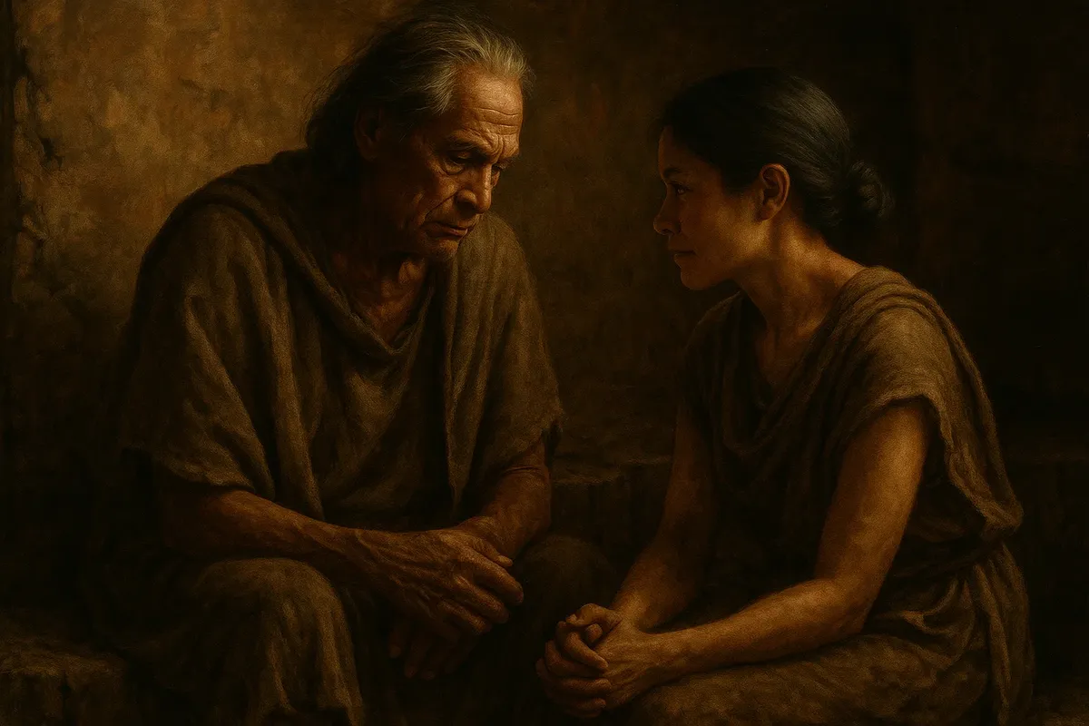 진지하게 대화하는 노부부