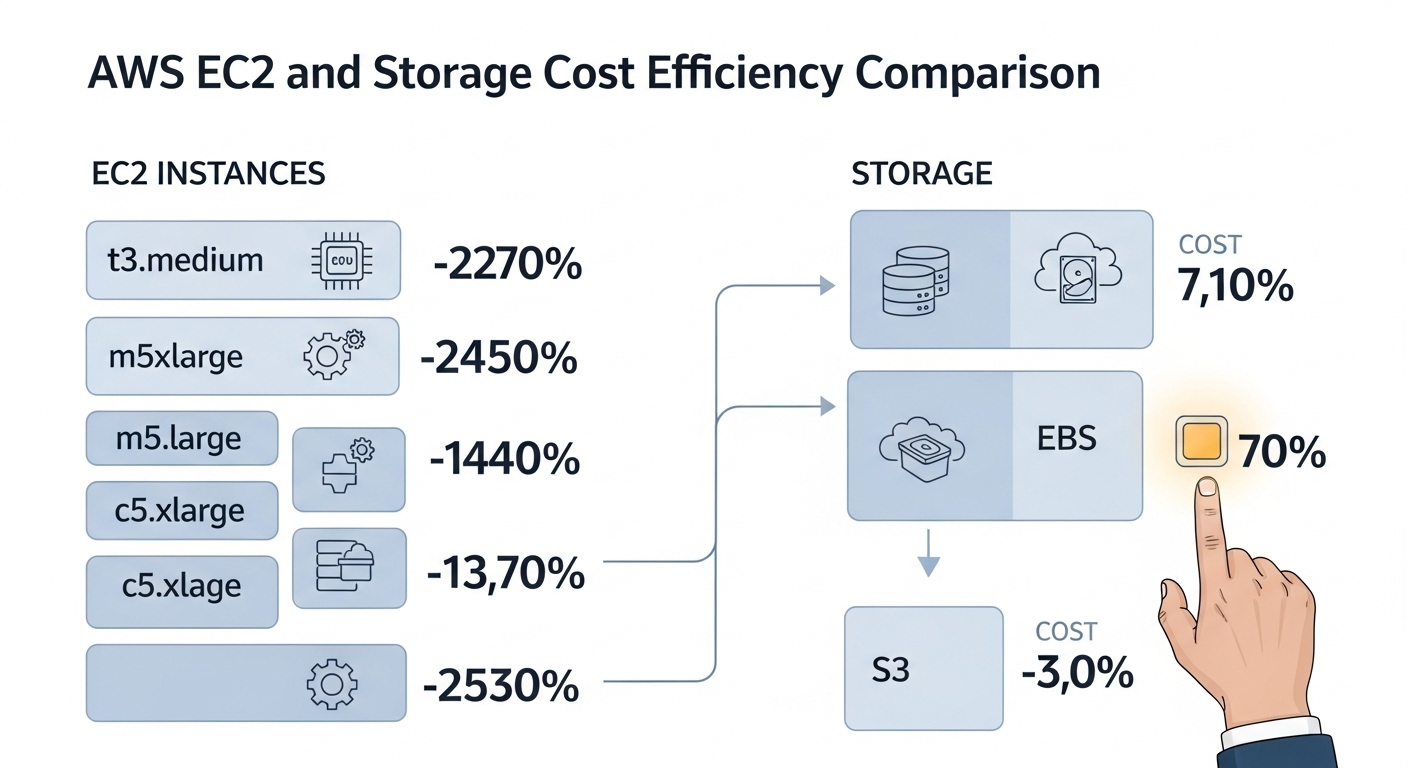 다양한 AWS EC2 인스턴스 유형과 스토리지 옵션의 비용 효율성을 비교하며 최적화를 제안하는 그래픽 이미지.