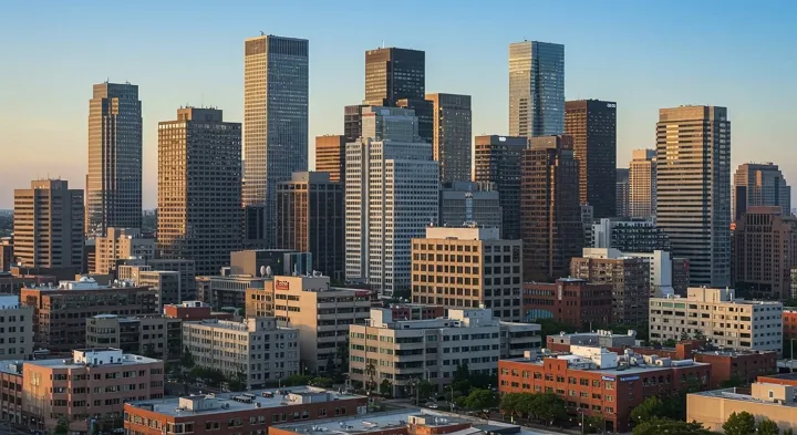 도심 고층 빌딩과 다양한 규모의 기업 건물 전경