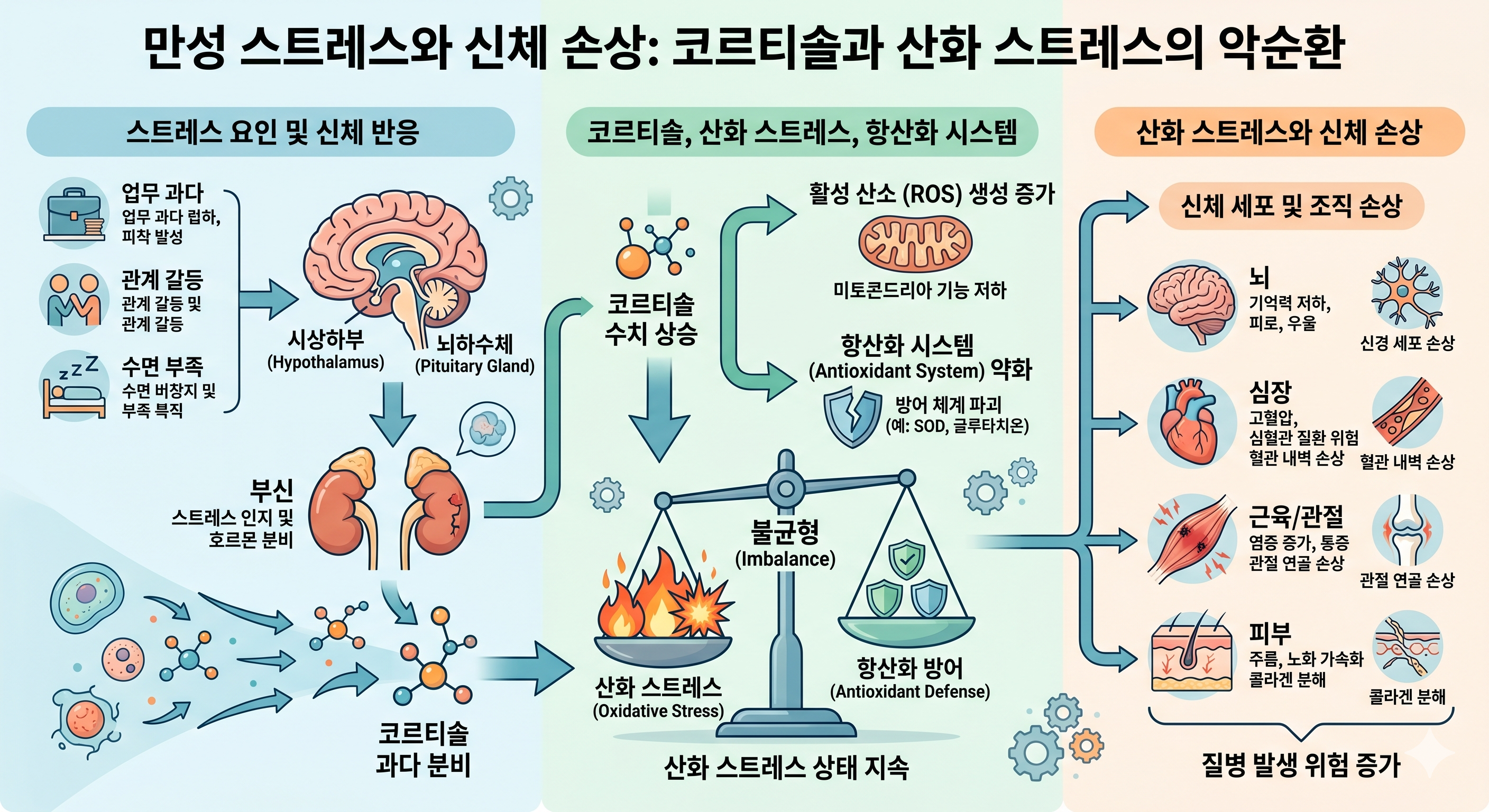 스트레스 코르티솔 산화 스트레스 항산화 시스템 손상 — HPA 축 Nrf2 억제 텔로미어 단축 연결 기전